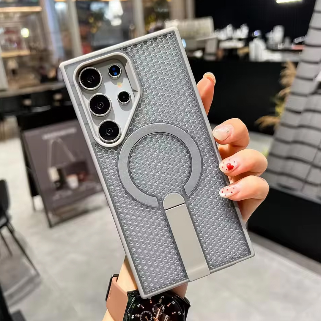 Luxury Breathable Mesh Holder Case for Samsung Galaxy S25 S24 S23 Ultra Magnetic With Metal Stand Cooling Shockproof Cover